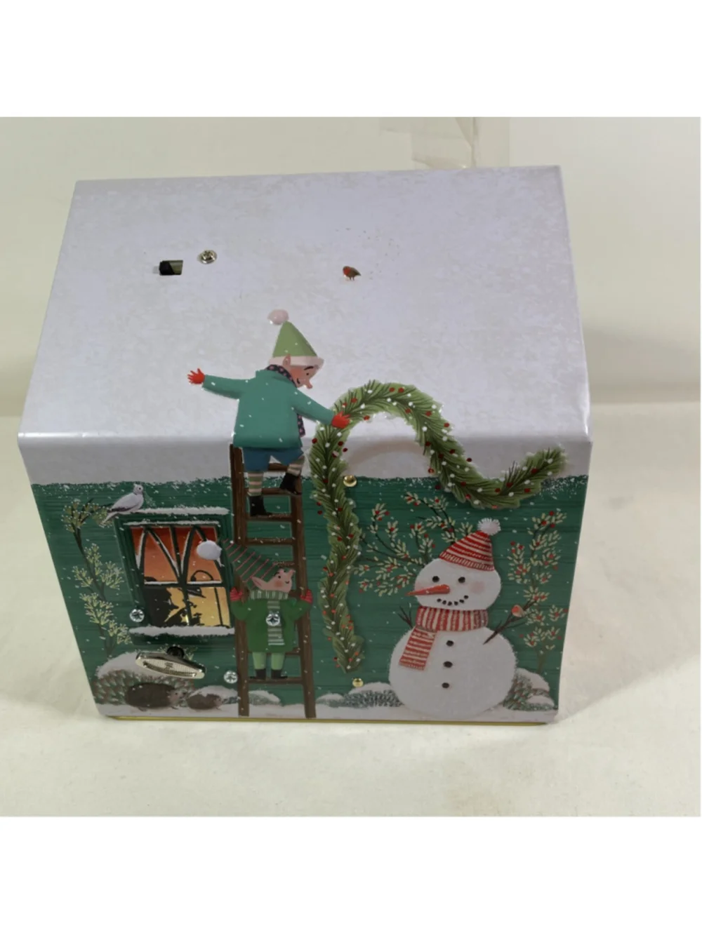 M&S Empty Musical Light Up Animated Christmas Metal Tin House Santa's Workshop